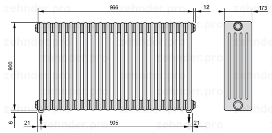 Схема (чертеж) Радиатор Zehnder Charleston 5090/21 №5310 Белый глянцевый RAL 9016